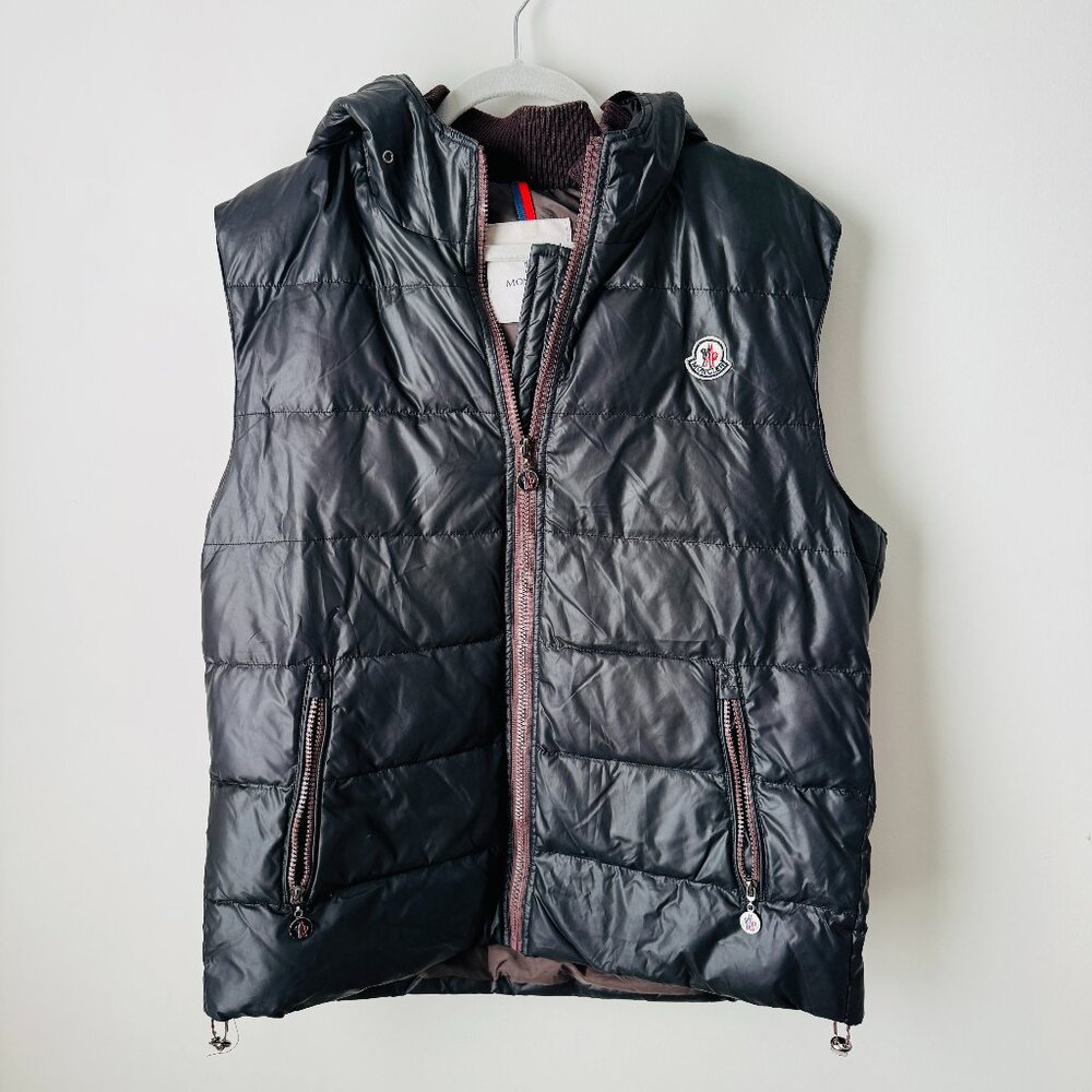 Moncler Bady Feather Down Full Zip Black Vest Size 3 M/L Hooded Zip Pockets Draw